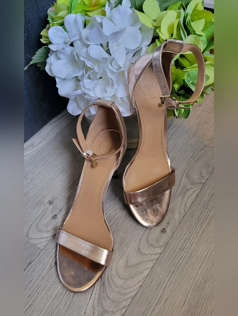 Tory Burch Ellie Ankle-Strap Sandle Heel 85mm Mirror Metallic Spark Rose Gold, 9